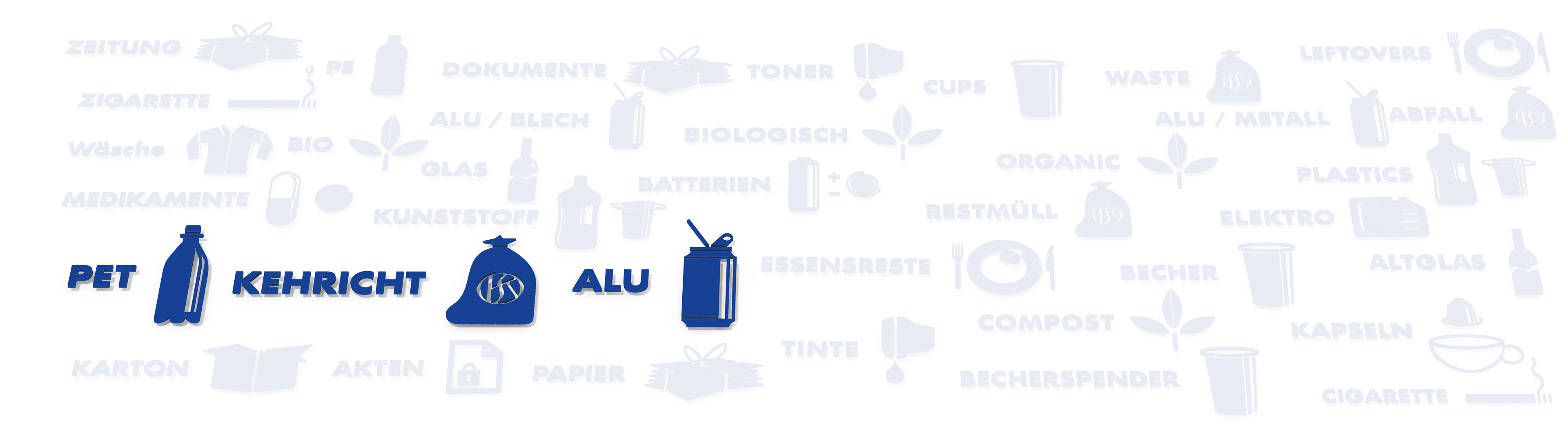 Abfall Fraktionen, PET Recycling, Alu, Kehricht, Papier, Karton, Signete Wertstoffe, Waste bin, Poubelle Recyclage
