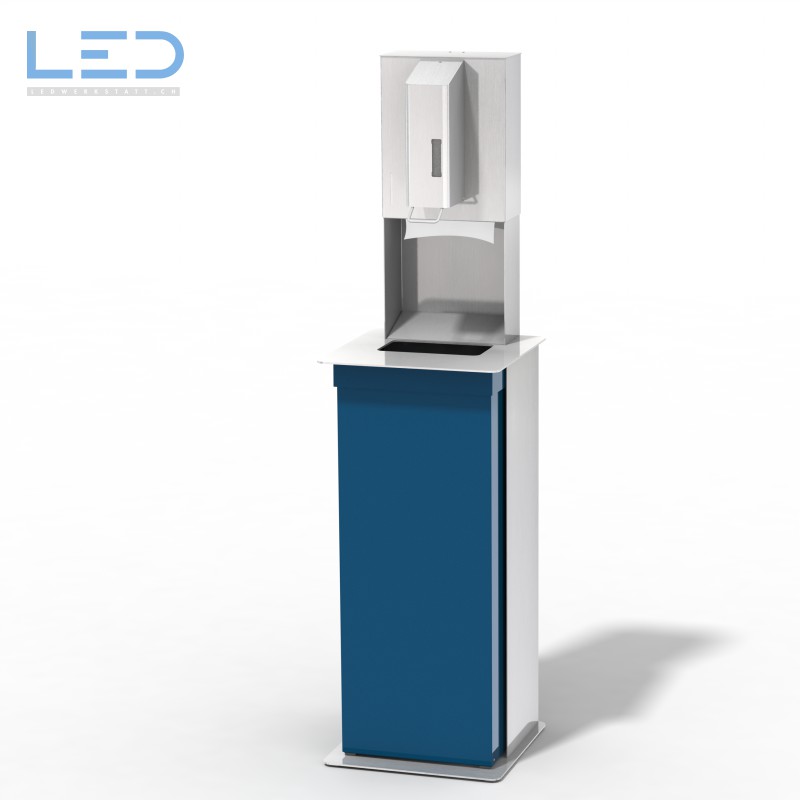 Hygienesäule H-Serie Blau, Hygienekonzept für Detailhandel, Einzelhandel, Falzpapierspender, Desinfektionsspender, Schutzkonzept COVID-19