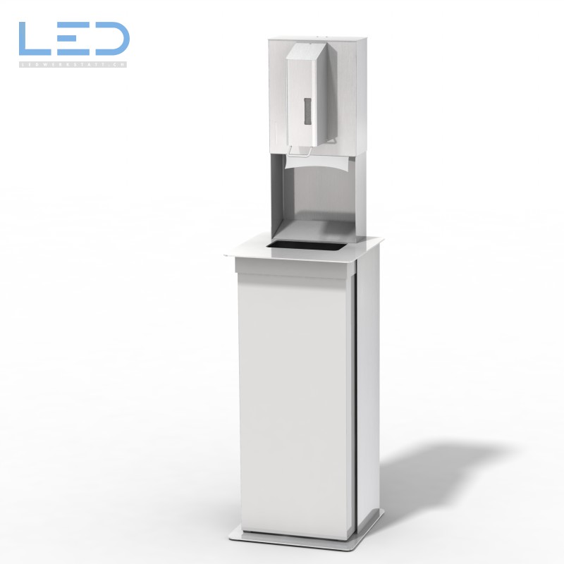 Hygienesäule H-Serie Weiss, Hygienekonzept für Detailhandel, Einzelhandel, Falzpapierspender, Desinfektionsspender, Schutzkonzept COVID-19