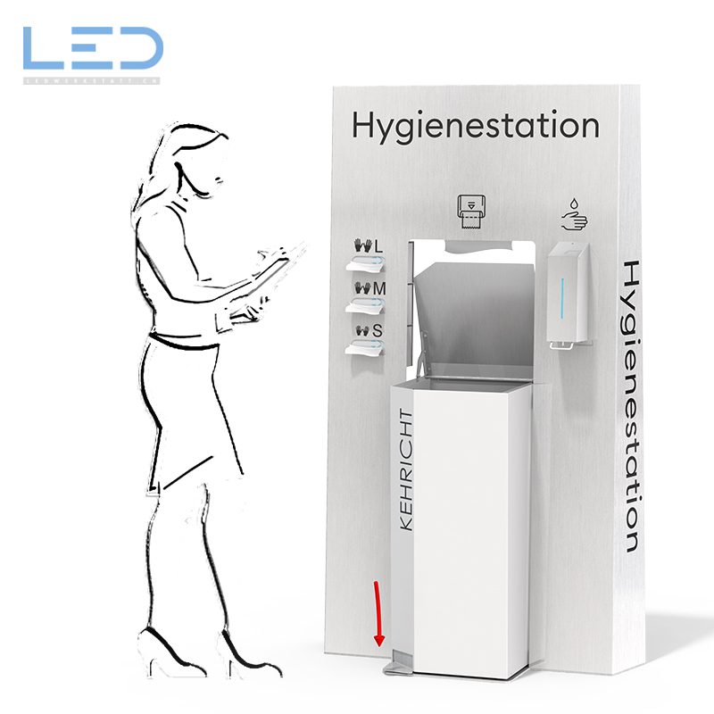 Hygienestation Hygienewand, Schutzkonzept für den Einzelhandel, Detailhandel, Schutzhandschuhe, Desinfektion, Papiertücher, Corona Virus