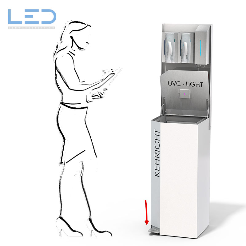 Hygienesäule Schutzkonzept Einzelhandel, Abfallbehälter mit UVC LED zur Desinfektion, Dekontaminierung von COVID-19, Swissmade